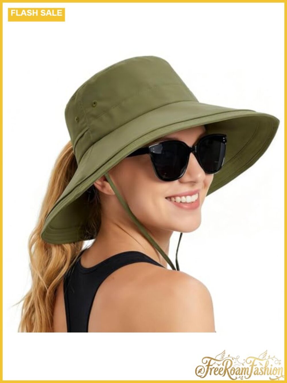 Women Sun Hat Ponytail Hole Wide Brim Bucket UPF 50+ Quick-Dry Nylon